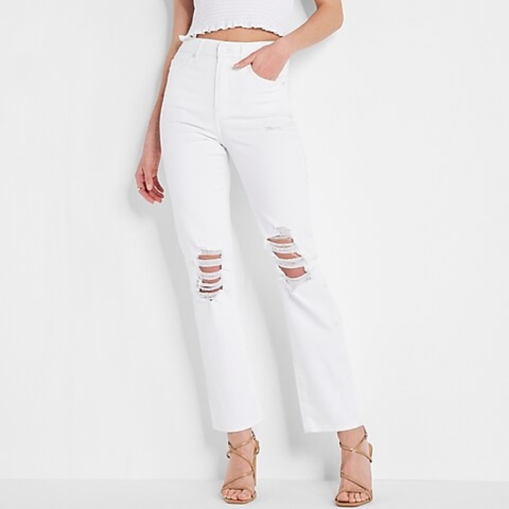 Express | Super High Waisted Ripped Modern Straight Jeans White Denim Distressed
